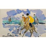 Roland Le Franc, French 1931-2000- Horses on a beach with rider in yellow; watercolour over traces