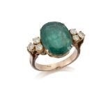 An emerald and diamond ring, The single claw-set oval mixed-cut emerald weighing approximately 7.