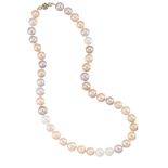A cultured pearl and diamond choker necklace, composed of a uniform row of vari-toned cultured