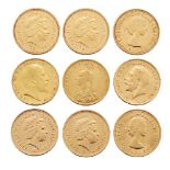 Nine sovereigns, comprising: Queen Victoria, 1889, Edward VII, Melbourne Mint, 1907; George V, 1912;