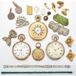 Three pocket watches and a group of paste jewellery and oddments, watches comprise: a Rolled gold