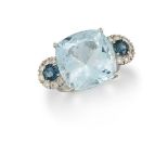 An 18ct. gold, aquamarine and diamond ring, the single mixed cut cushion shaped aquarmarine with