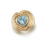 A blue topaz and diamond heart cluster ring, the heart shaped blue topaz with circular-cut diamond