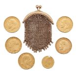 A group of five sovereigns a French gold five-francs, and a 9ct gold mesh sovereign purse,