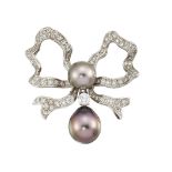A cultured pearl and diamond bow brooch, by Meister, the pave diamond ribbon bow with central grey