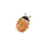 A gold and enamel lady bird clip brooch, the body with pink guilloche enamel back and black and