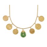 A gold coin necklace, the 22ct. gold neckchain suspending six pendant mounted coins and a jade disc