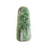 A jadeite jade pendant, the tapering rectangular jade panel of grey to green hues carved to depict