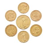 A group of seven various world gold coins, comprising: USA 25 Dollars, 1994; a USA 10 Dollars, 1999,