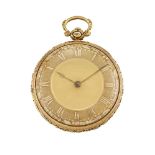 An early 19th century 18ct gold, open face pocket watch, the gold engine-turned dial with rose