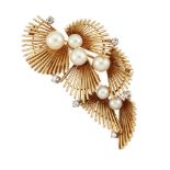 A mid 20th century gold, cultured pearl and diamond brooch, designed as graduated fan-shaped
