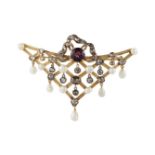 An early 20th century gold, garnet, rose-cut diamond and pearl brooch, designed as a triangular