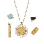 A group of jewellery, comprising: a pendant mounted, sovereign necklace; an oval opal doublet and