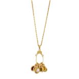 A gem necklace, designed as a fancy-link neckchain suspending a fringe of collet-set gemstones
