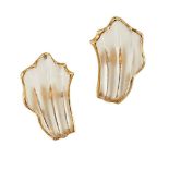 A Pair of rock crystal earclips, by Lalaounis, each rock crystal panel carved as a stylised shell
