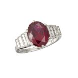 A platinum, ruby and diamond ring, the single claw-set oval-cut ruby with baguette diamond four