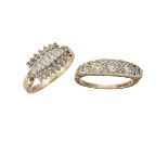 Two 9ct. gold, diamond rings, one a graduated circular-cut diamond half-hoop, ring size O the