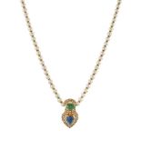 A sapphire emerald, diamond and cultured pearl necklace, the heart shaped collet-set cabochon