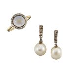 A pair of early 20th century cultured pearl and diamond earrings and a chalcedony and diamond