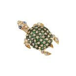 A French, emerald, diamond and sapphire turtle clip brooch, with emerald and circular-cut diamond