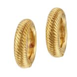A pair of earrings by Lalaounis, each of large hinged sprung hoop design with ribbed decoration,