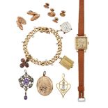 A group of jewellery and wrist watch, comprising: a 9ct gold curb-link bracelet suspending thee