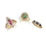 A group of three diamond and gem rings, comprising: an Edwardian, 18ct. gold, ruby and diamond