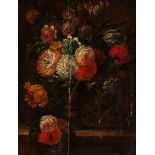 Follower of Abraham Mignon, Dutch 1640-1679- Flowers in a footed vase on a ledge; oil on panel, a