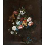 Circle of Rachel Ruysch, Dutch 1664-1750- Peonies, orange blossom and tulips in a footed vase on a