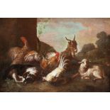 Follower of Melchior D'Hondecoeter, Dutch 1636-1695-Poultry, a goat and a sheep in a farmyard with a