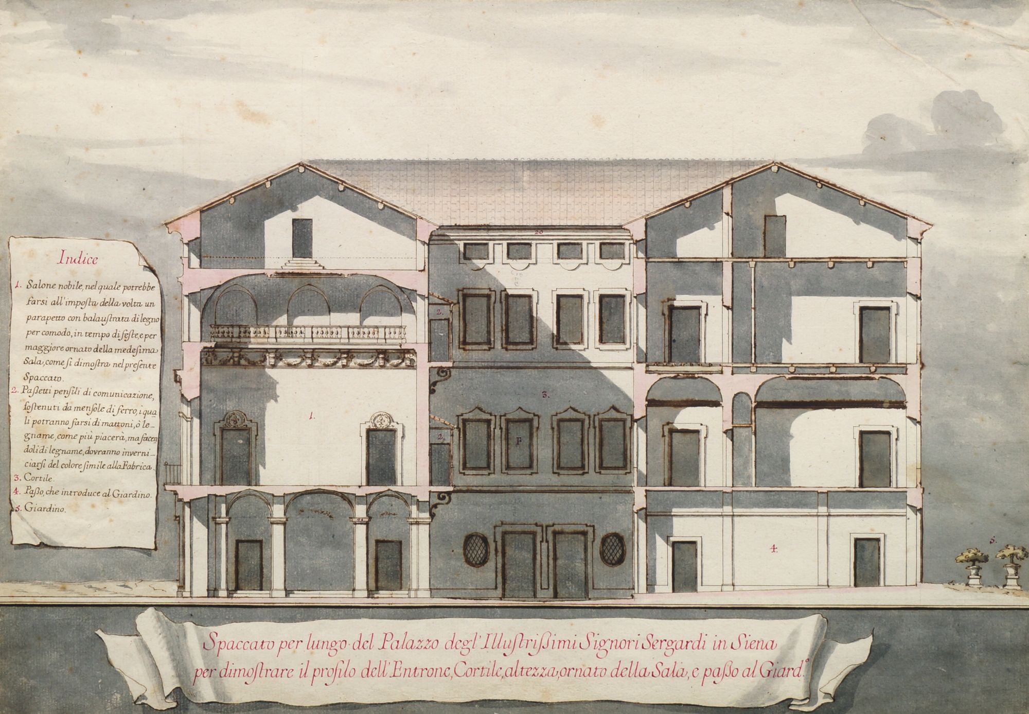 Paolo Posi, Italian 1708-1776- Views of the Palazzo Sergardi, Siena; watercolour, pen, brown ink, - Image 3 of 6
