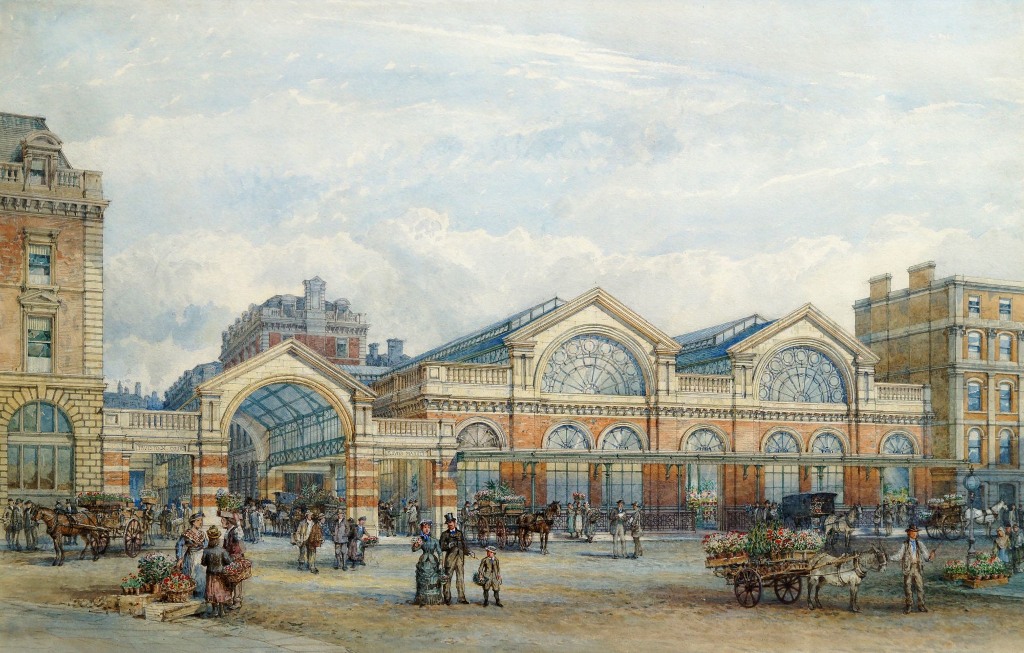 William Rogers, British act 1870's- A perspective view of the Flower Market, Covent Garden;pen and