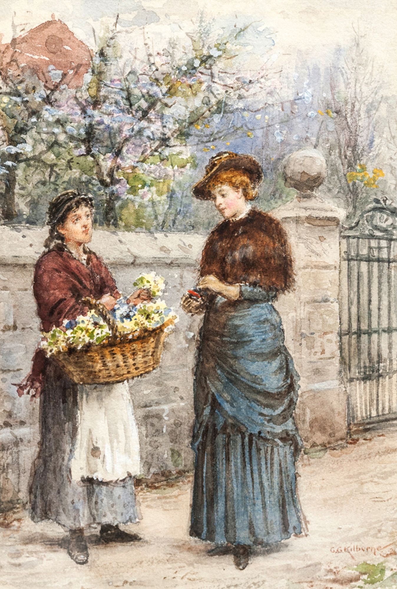 George Goodwin Kilburne RI RBA, British 1839-1924- The Flower Seller;watercolour heightened with