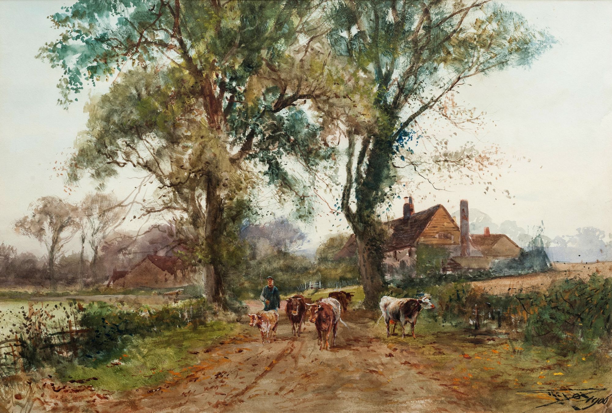 Henry Charles Fox RBA, British 1855-1929- Cattle and farmer on a country lane; watercolour, signed