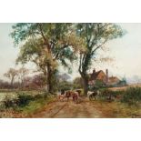 Henry Charles Fox RBA, British 1855-1929- Cattle and farmer on a country lane; watercolour, signed