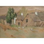 James Wright, British 1885-1947- Old cottage with sheep on a hillside; watercolour on buff