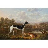 Charles Towne, British 1763-1840- A greyhound with a dead hare in a river landscape with woodland