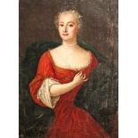 Austrian School, early 18th century-Portrait of a lady standing three-quarter length in a red