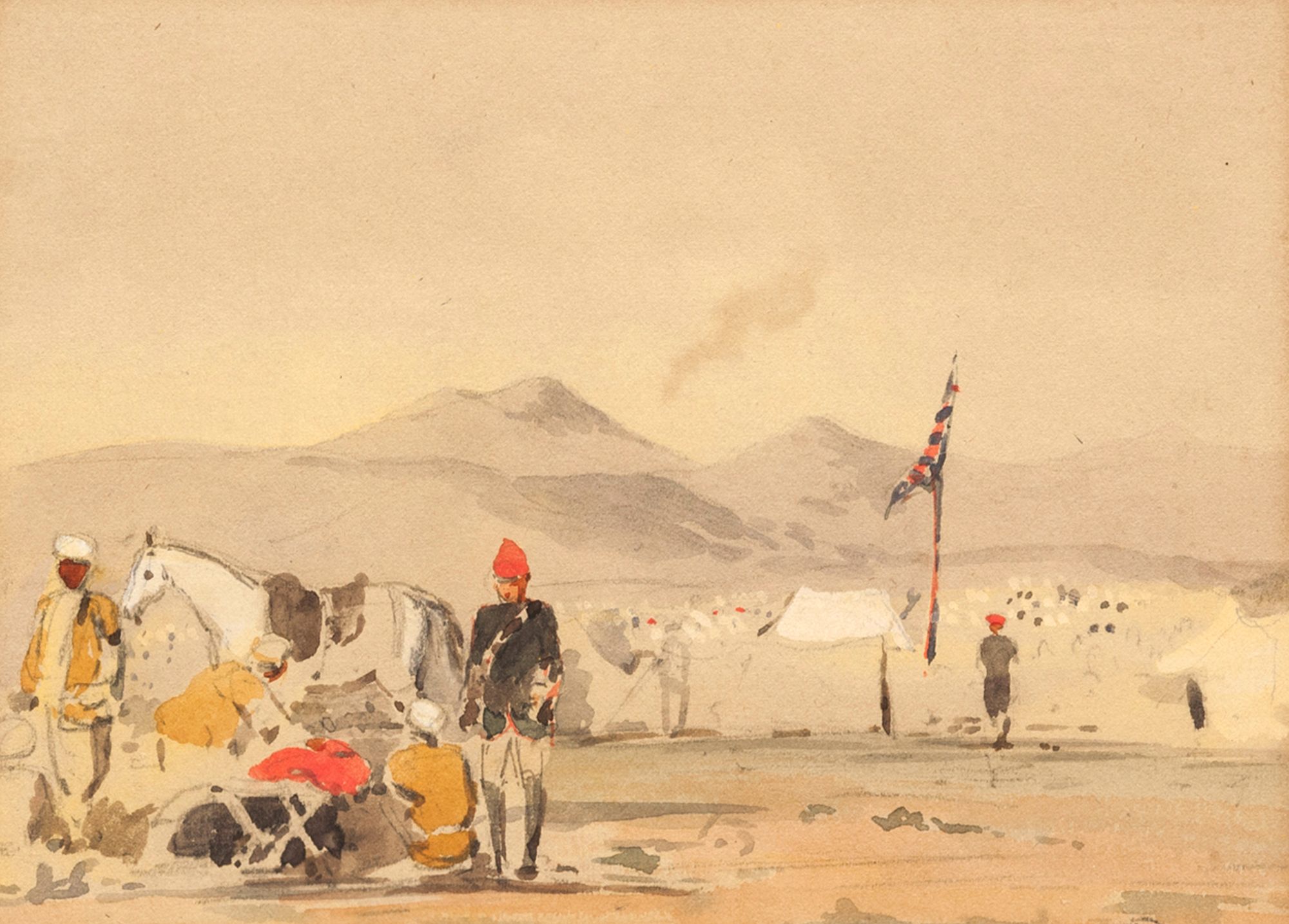 British Colonial School, mid 19th century-In Camp, Miranzai Valley, Pakistan;watercolour over