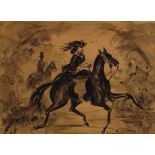 Constantin Guys, French 1802-1892-Elegant riders in woodland;Pen and brush and black ink on buff