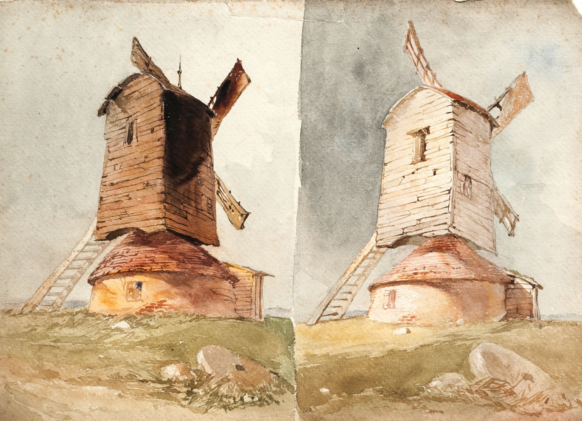 Norwich School, early-mid 19th century- Two studies of a windmill;watercolour, 25x35cm