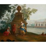 French School, 18th Century- Arcadian landscape with figures in conversation and a fisherman with