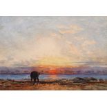 After Eduard Hildebrandt, German 1818-1869- An elephant on the shores of a river at dusk;