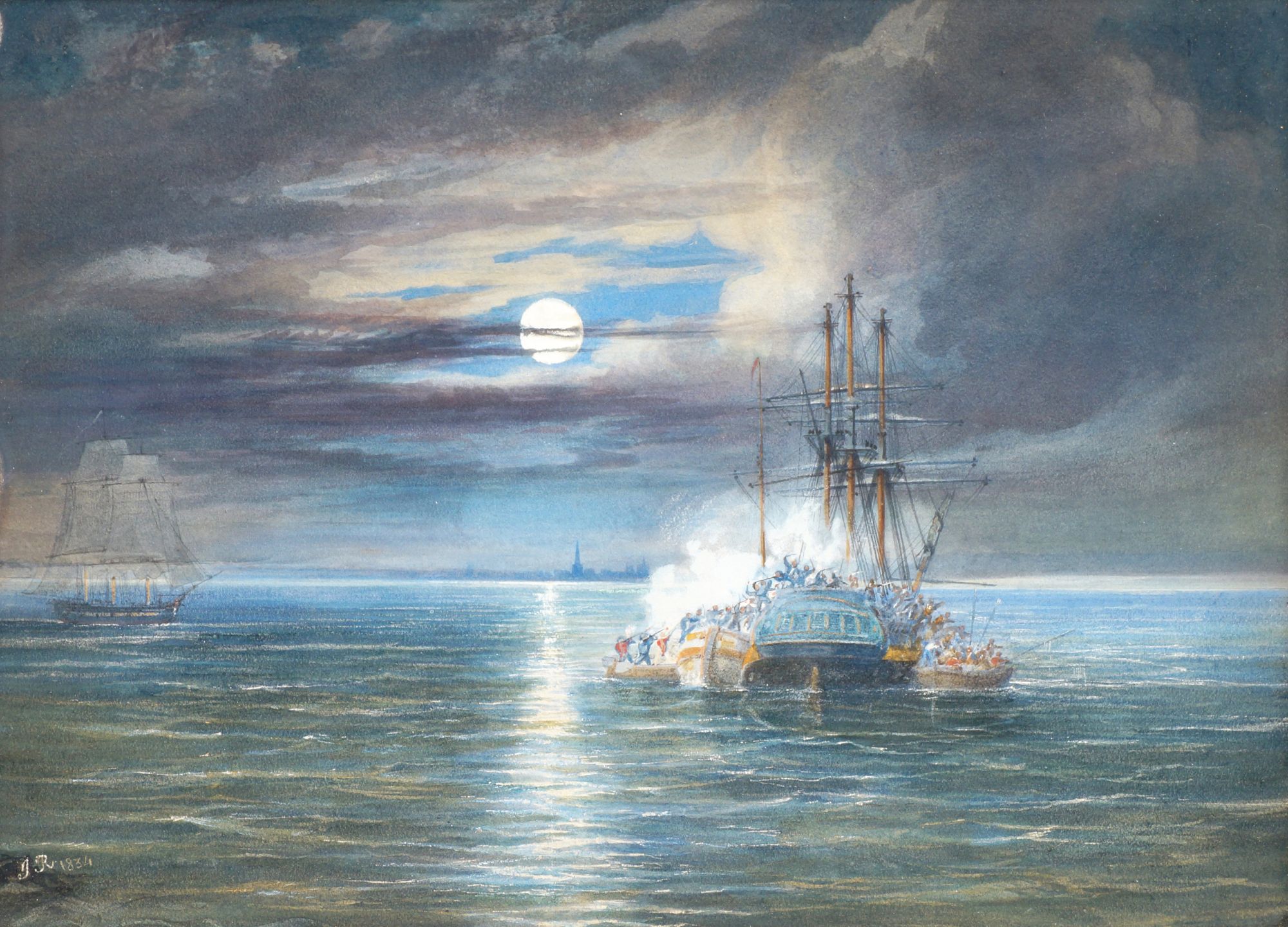 Circle of Thomas Sewell Robins, British c.1810-1880Moonlit battle on a frigate off a European