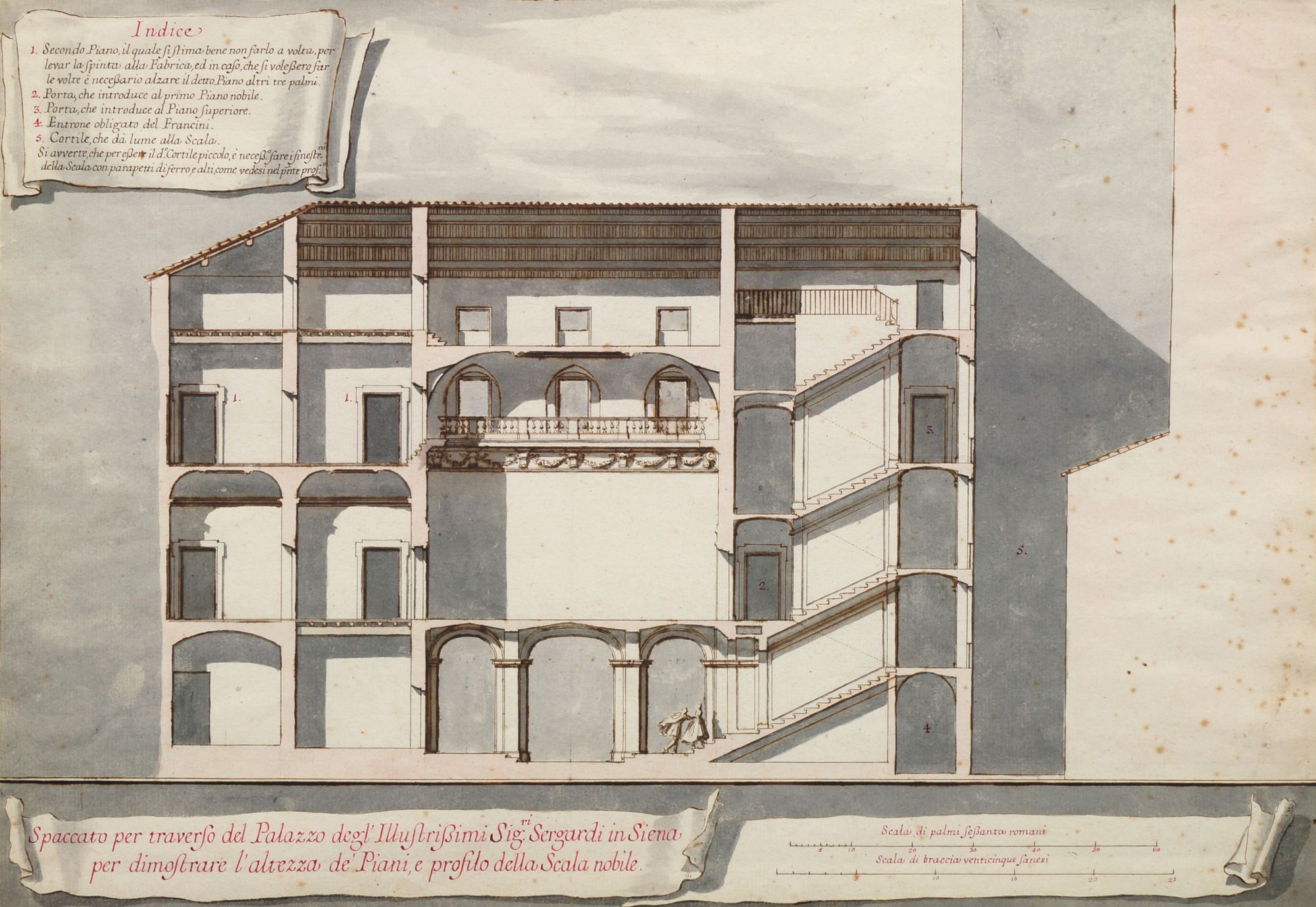 Paolo Posi, Italian 1708-1776- Views of the Palazzo Sergardi, Siena; watercolour, pen, brown ink, - Image 4 of 6