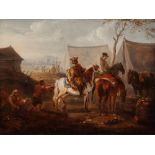 Circle of Philips Wouwerman, Dutch 1619-1668- Soldiers on horseback in a military camp;Oil on