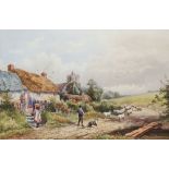 Horace Hammond, British 1842-1926-Drover with sheep on a village track; Watercolour, signed, 29x44cm