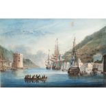 British School, early 19th century-English and French Frigates at anchor in a Mediterranean inlet;
