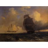 Attributed to Pierre-Julien Gilbert, French 1783-1860- A sketch of frigates at sea; oil on board,