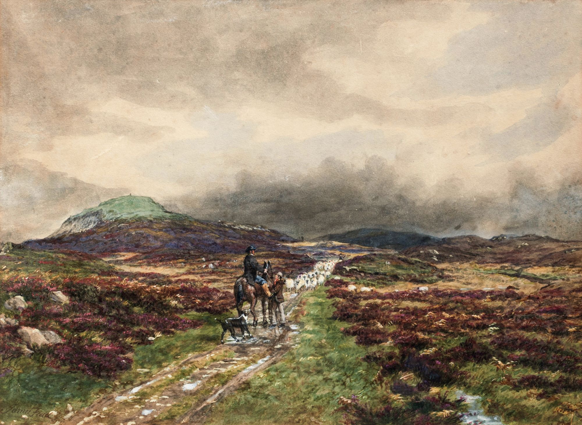 James Faed, Scottish 1821-1911-Sheep drovers in a highland landscape;watercolour, signed,